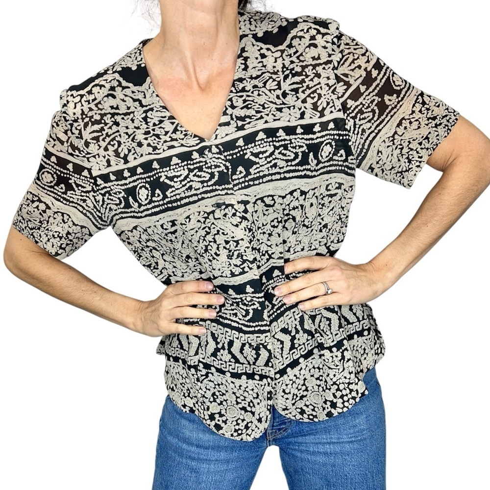 Vintage Un Jour Ailleurs Paris black beige chiffon short sleeve top blouse EU 42